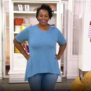 Isaac Mizrahi Live! Crewneck Cascade Hem Pullover Sweater Canal‎ Blue Small